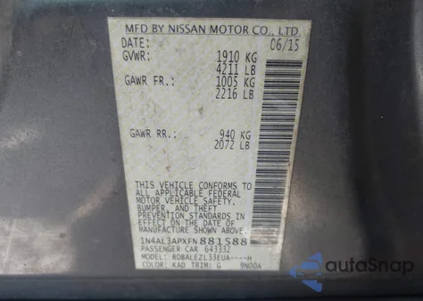 2015 Nissan Altima 2.5 S from USA, damaged, VIN 1N4AL3APXFN881588